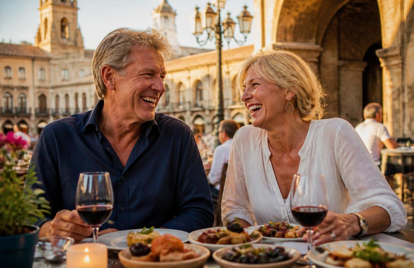 A mature British couple laughing over tapas and wine in a sunlit Spanish plaza.