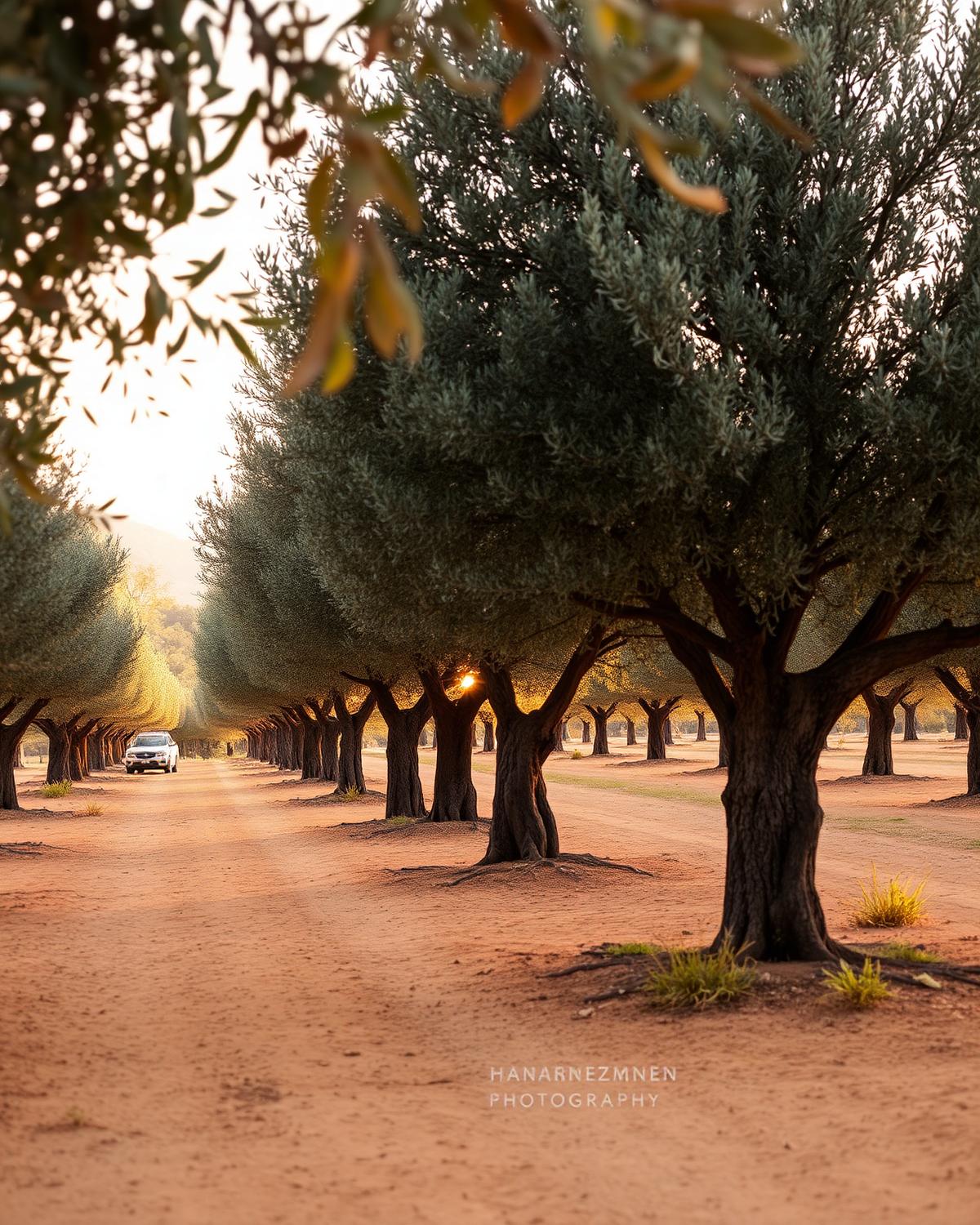 A Spanish olive grove and stone farmhouse at golden hour.