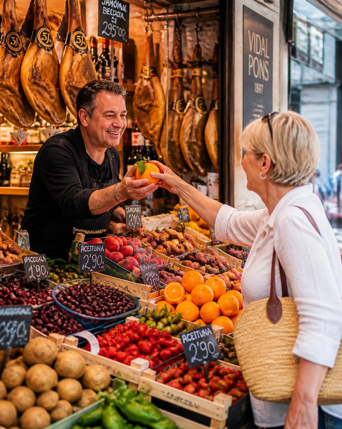 A British woman buying oranges from a smiling Spanish vendor at a local market.